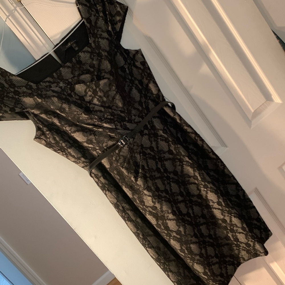 David Meister lace overlay dress. Belt with att’d loops. Gathered front size 6